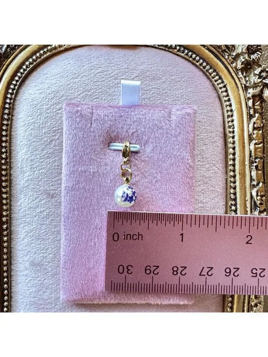 18K PVD Gold White Glass Bead Charm With Blue Floral Print & Gold Lobster Clasp - Picture 5 of 11
